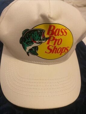 Bass Pro Shops White Cap with Yellow Logo and Green Bass